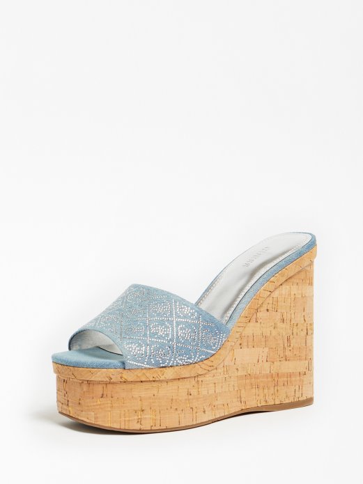 Catiae Rhinestone Denim Wedge Mule Blue Guess Shopping