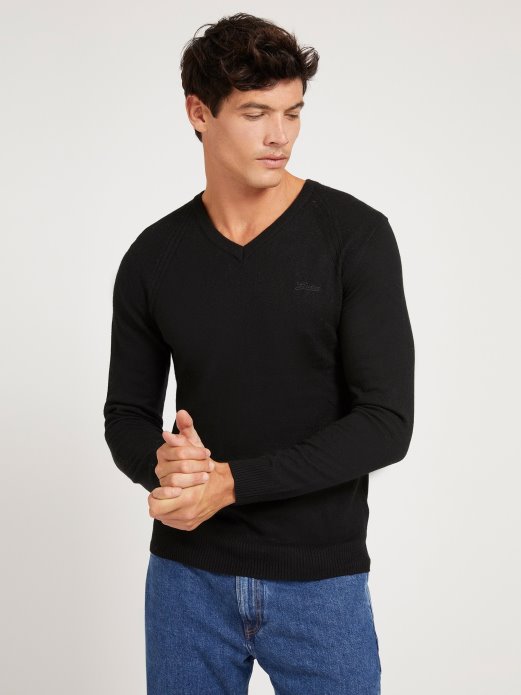 Crni Guess Pulover Od Mješavine Viskoze S V Izrezom