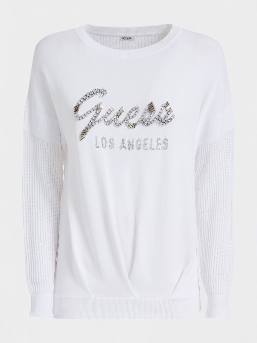 Guess Pulover S Prednjim Dijelom Logotipa Od Mješavine Viskoze Bijeli