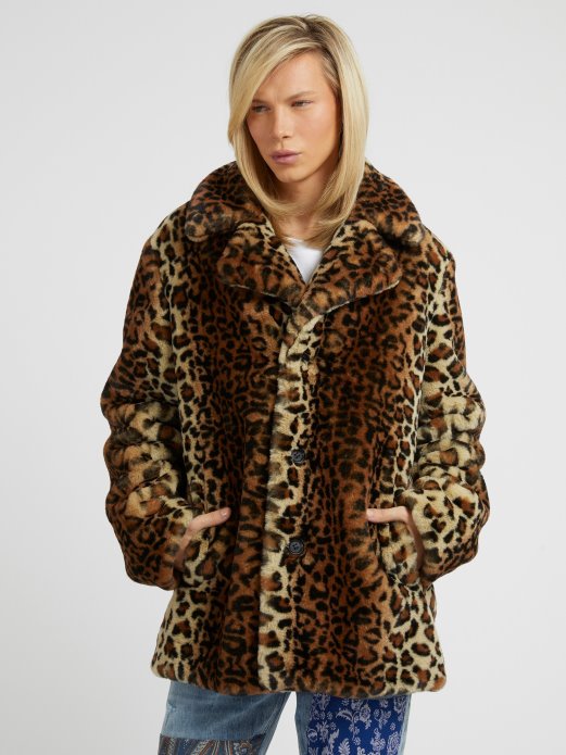 Guess Shopping Animalier Kaput Od Umjetnog Krzna Smeđi