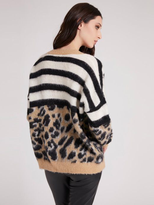 Guess Shopping Animalier Kardigan Od Mješavine Vune Multi Bež