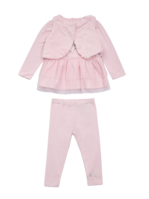 Guess Shopping Baletni Ružičasti Prsluk Od Umjetnog Krzna Set Majica I Tajica Od Tila (0-24m)