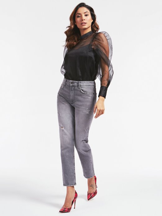 Guess Shopping Crna Balon Rukavi Prozirna Bluza