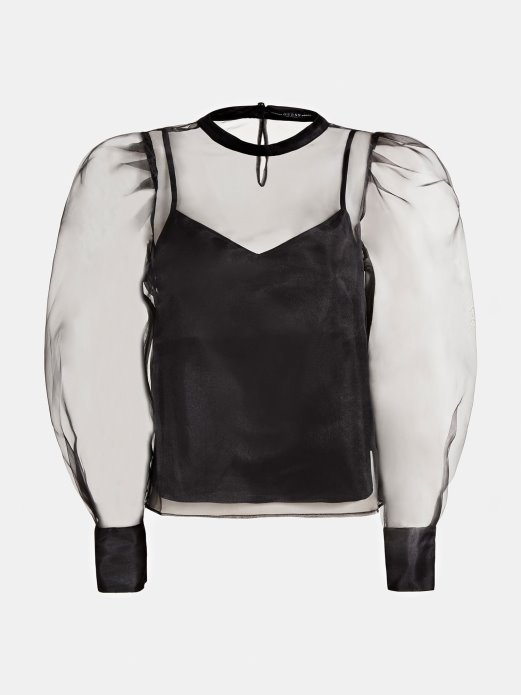Guess Shopping Crna Balon Rukavi Prozirna Bluza