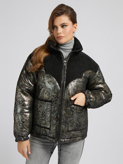 Guess Shopping Crna Puferica Od Prave Kože S Printom Paisleya