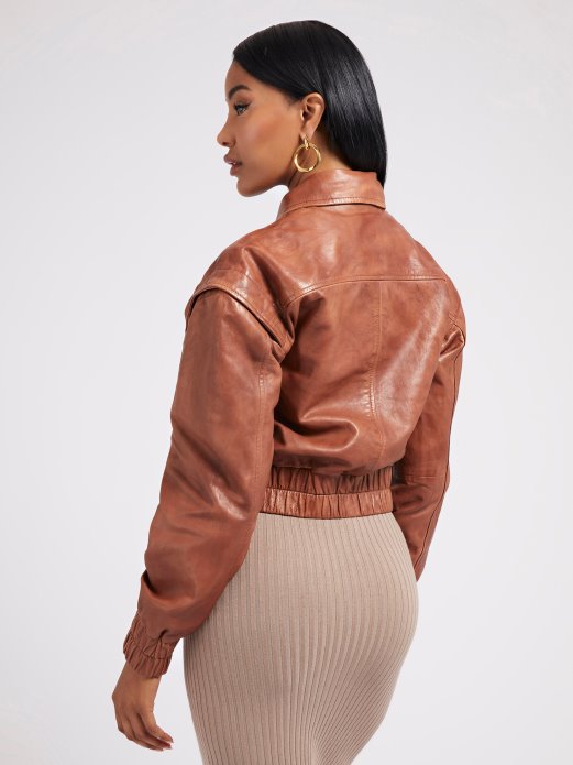 Guess Shopping Crop Prava Kožna Jakna Smeđa