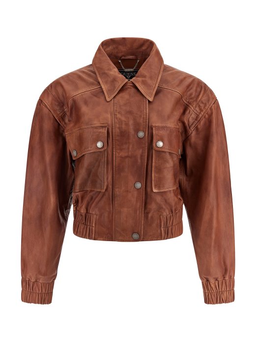 Guess Shopping Crop Prava Kožna Jakna Smeđa