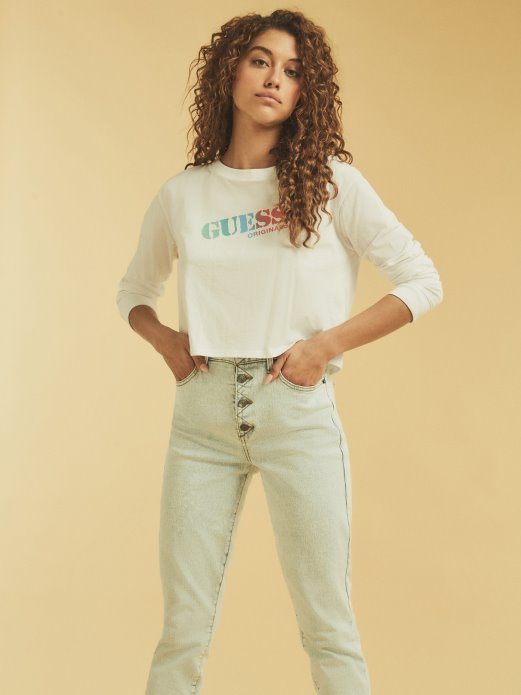Guess Shopping Crop T-shirt Logotip Bijeli