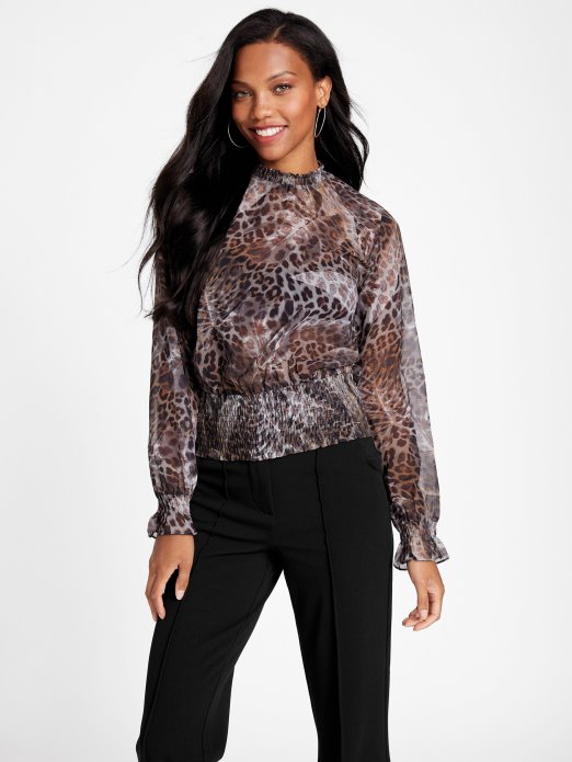 Guess Shopping Eko Avelina Smocked Top Leopard Jacquard Multi