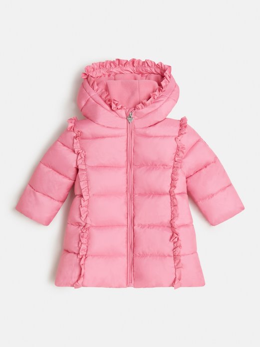 Guess Shopping Fril Hooded Long Puffer Pink