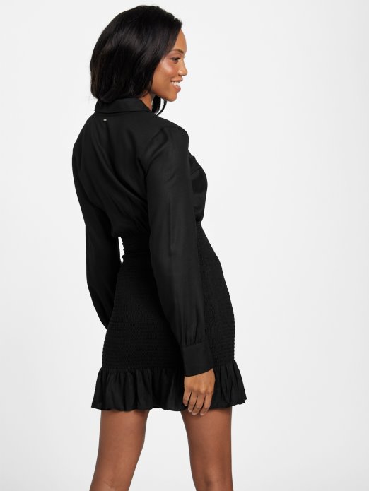 Guess Shopping Jet Crna Glinena Smokirana Haljina