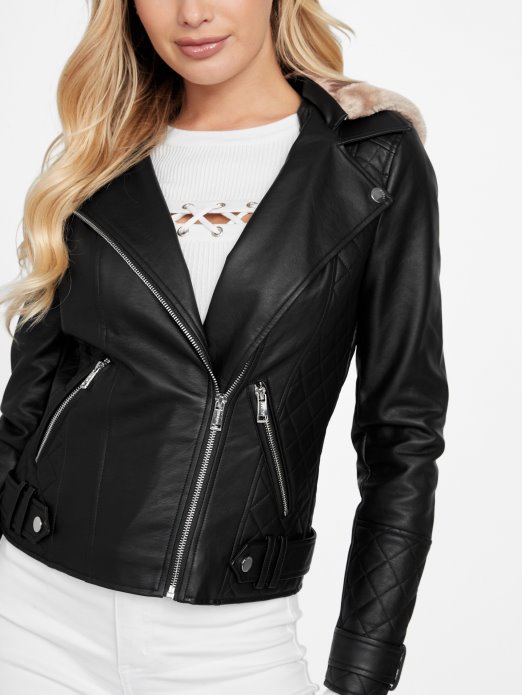 Guess Shopping Jet Crna Moto Jakna Od Umjetne Kože S Kapuljačom