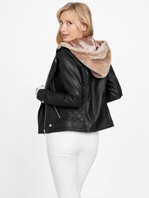 Guess Shopping Jet Crna Moto Jakna Od Umjetne Kože S Kapuljačom