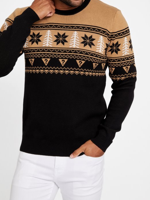 Guess Shopping Jet Crni Multi Folk Fair Isle Praznični Pulover