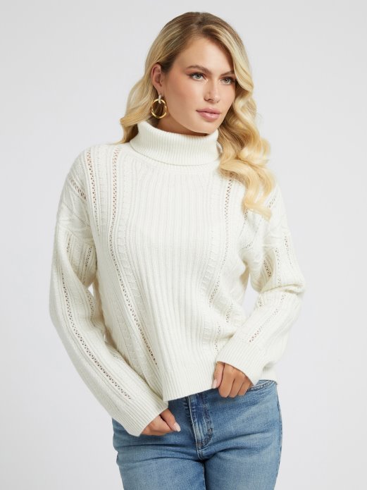 Guess Shopping Kabel Pleteni Džemper Od Mješavine Vune Bijeli