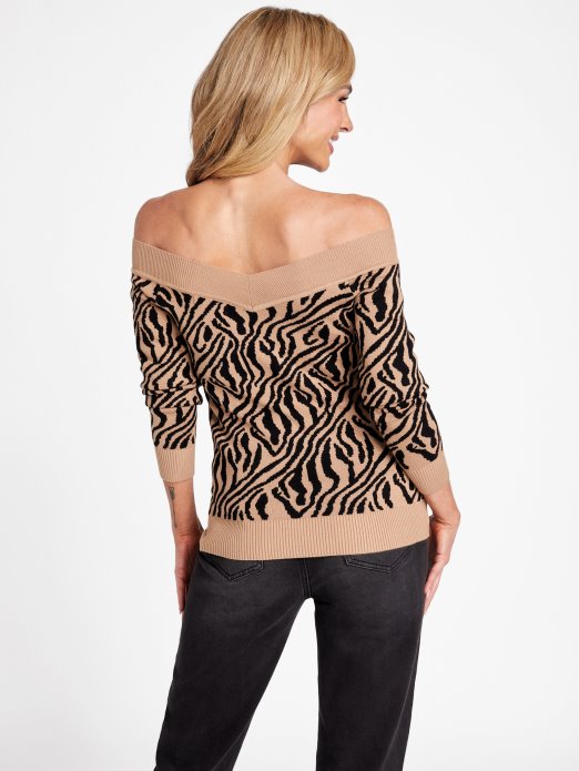 Guess Shopping Kade Pulover S Otvorenim Ramenima Mliječni Karamel Multi