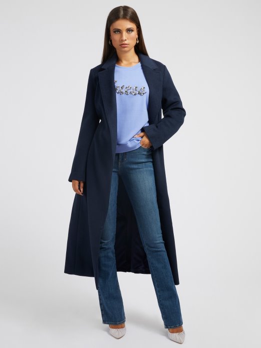 Guess Shopping Kaput Od Mješavine Vune S Pojasom Plavi