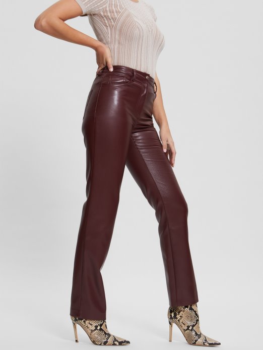 Guess Shopping Kelly Ravne Hlače Od Umjetne Kože Mystic Wine Multi