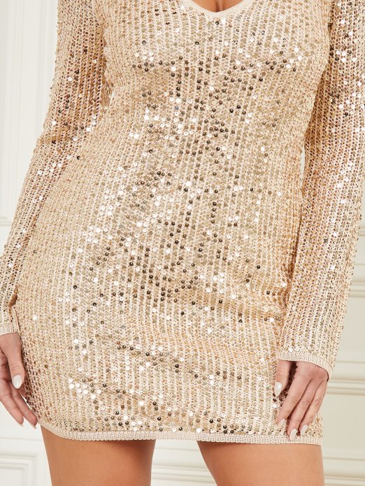 Guess Shopping Let It Pulover Haljina Sa šljokicama Fawn Taupe Multi