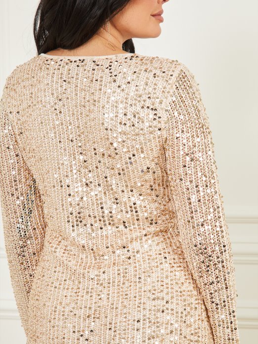 Guess Shopping Let It Pulover Haljina Sa šljokicama Fawn Taupe Multi