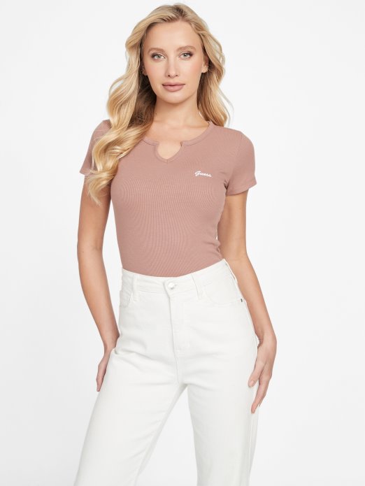 Guess Shopping Majica S Urezanim V-izrezom Pečeni Kesten Yara Logo