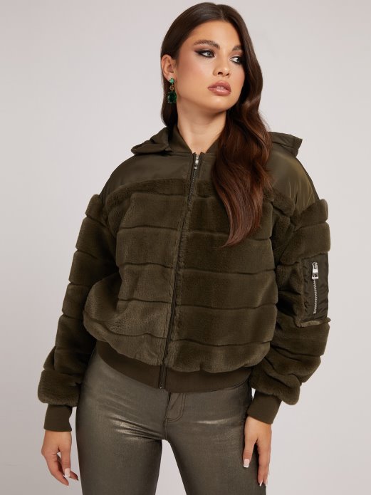 Guess Shopping Najlon Bomber Od Umjetnog Krzna Zeleni Multi