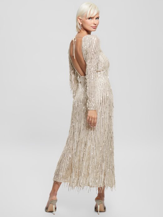 Guess Shopping Off Bijela Multi Elodie šljokičasta Haljina S Resicama