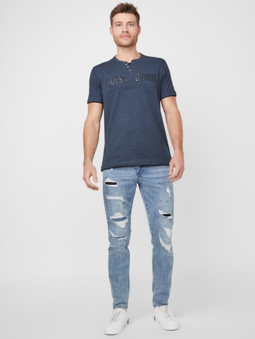 Guess Shopping Officer Blue Mulit Edgar Marled Henley Tee