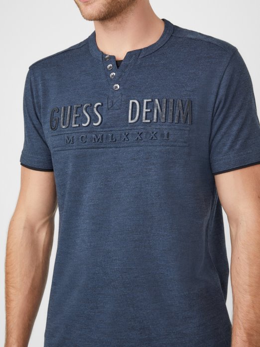 Guess Shopping Officer Blue Mulit Edgar Marled Henley Tee