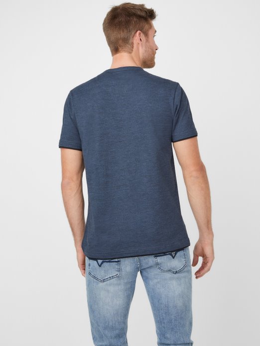 Guess Shopping Officer Blue Mulit Edgar Marled Henley Tee