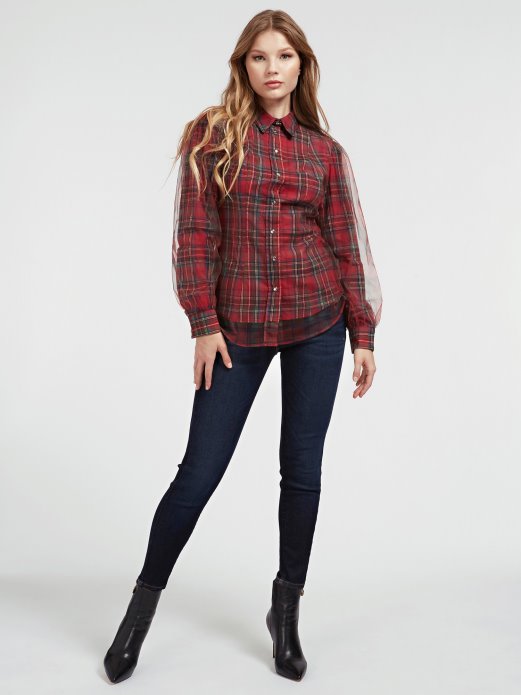 Guess Shopping Pamučna Košulja S Crvenim Mrežastim Umetkom