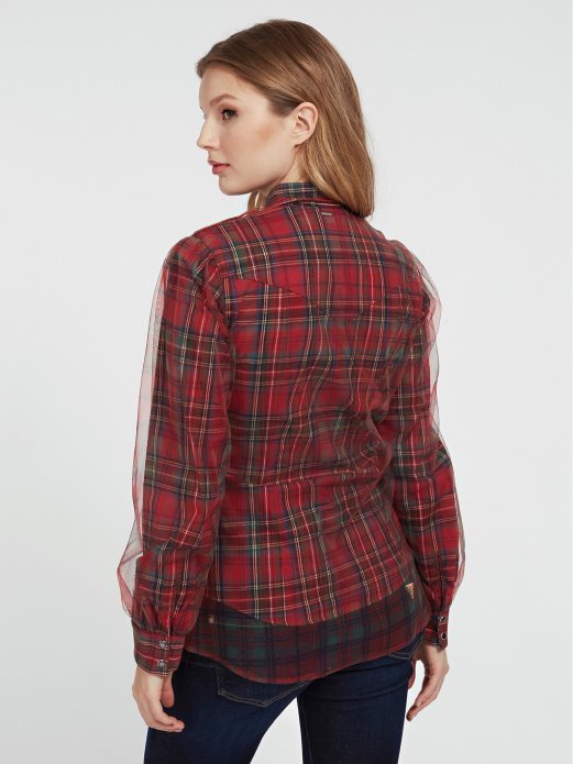 Guess Shopping Pamučna Košulja S Crvenim Mrežastim Umetkom