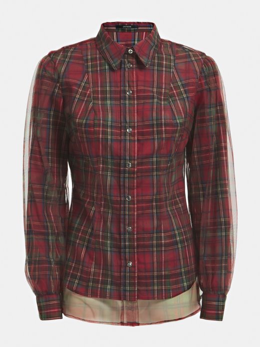 Guess Shopping Pamučna Košulja S Crvenim Mrežastim Umetkom