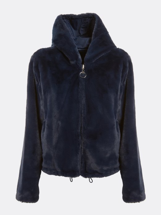 Guess Shopping Plava Jakna S Logotipom Umjetnog Krzna