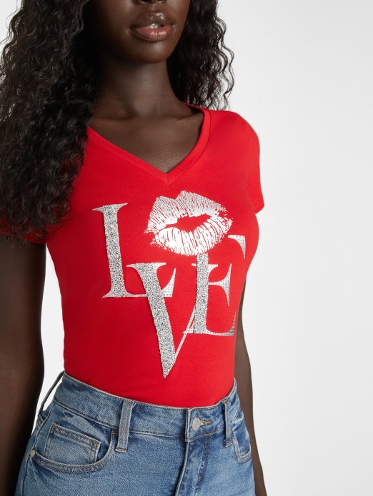 Guess Shopping Ragbi Crvena Eko Cece Ljubavna Majica S V-izrezom
