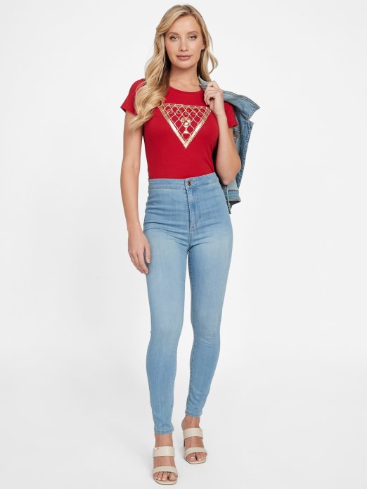 Guess Shopping Ragbi Crvena Mrežasta Majica S Logotipom Od Kamenčića