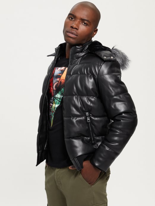 Guess Shopping Rastezljiva Pufer Jakna Od Umjetne Kože Jet Crna