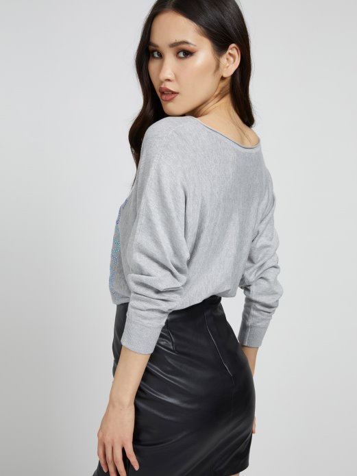 Guess Shopping Sivi Džemper S Logotipom S Više Kamenčića