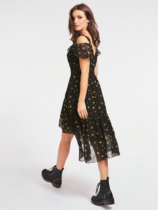 Guess Shopping Smocked Volan Haljina Crna Multi