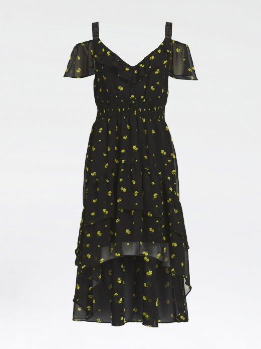 Guess Shopping Smocked Volan Haljina Crna Multi