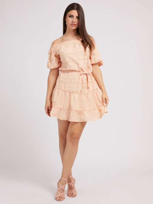 Guess Shopping Tamnoružičasta Pamučna Haljina S Otvorenim Ramenima