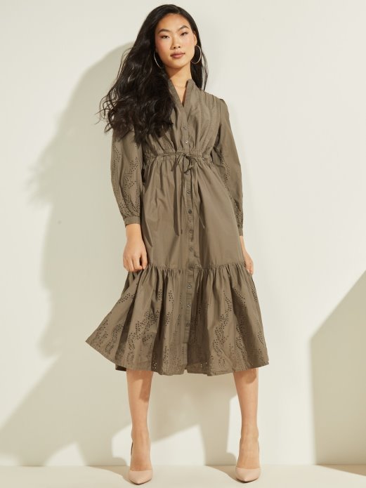 Guess Shopping Zelena Pamučna Duga Haljina S Vezom