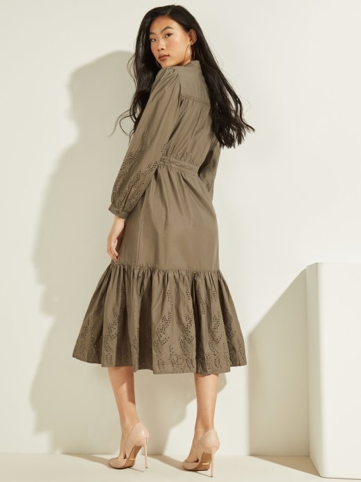 Guess Shopping Zelena Pamučna Duga Haljina S Vezom