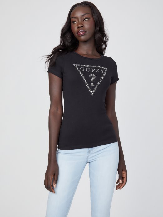 Jet Black Eco Cathy Rhinestone Logo Tee Guess Shopping
