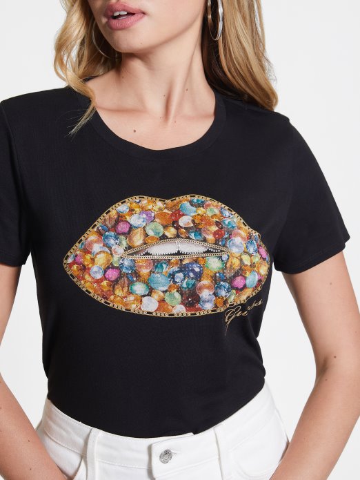 Jet Black Guess Shopping Jewel Lips Tee