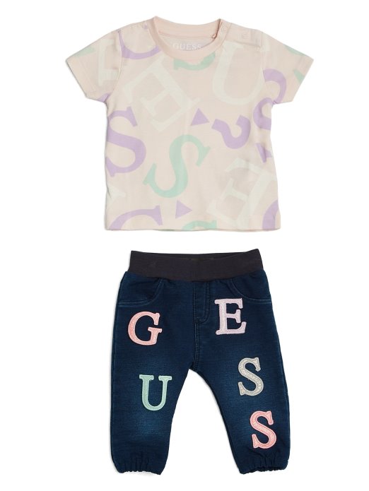 Ljubičasta Allover G Majica S Logom I Komplet Traper Hlača (3-24m) Guess Shopping