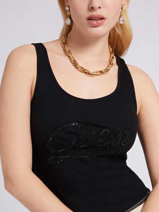 Majica Bez Rukava S Logotipom Od Kamenčića Crna Guess Shopping