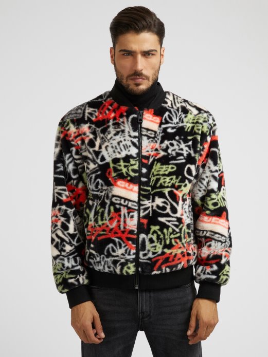 Multicolor Pattern Guess Shopping Graffiti Bomber Od Umjetnog Krzna