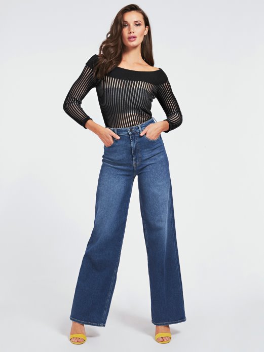 Pulover Od Mješavine Pamuka S Otvorenim Ramenima Guess Shopping Crni