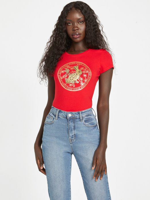 Red Cherry Guess Shopping Tu Metallic Rabbit Tee
